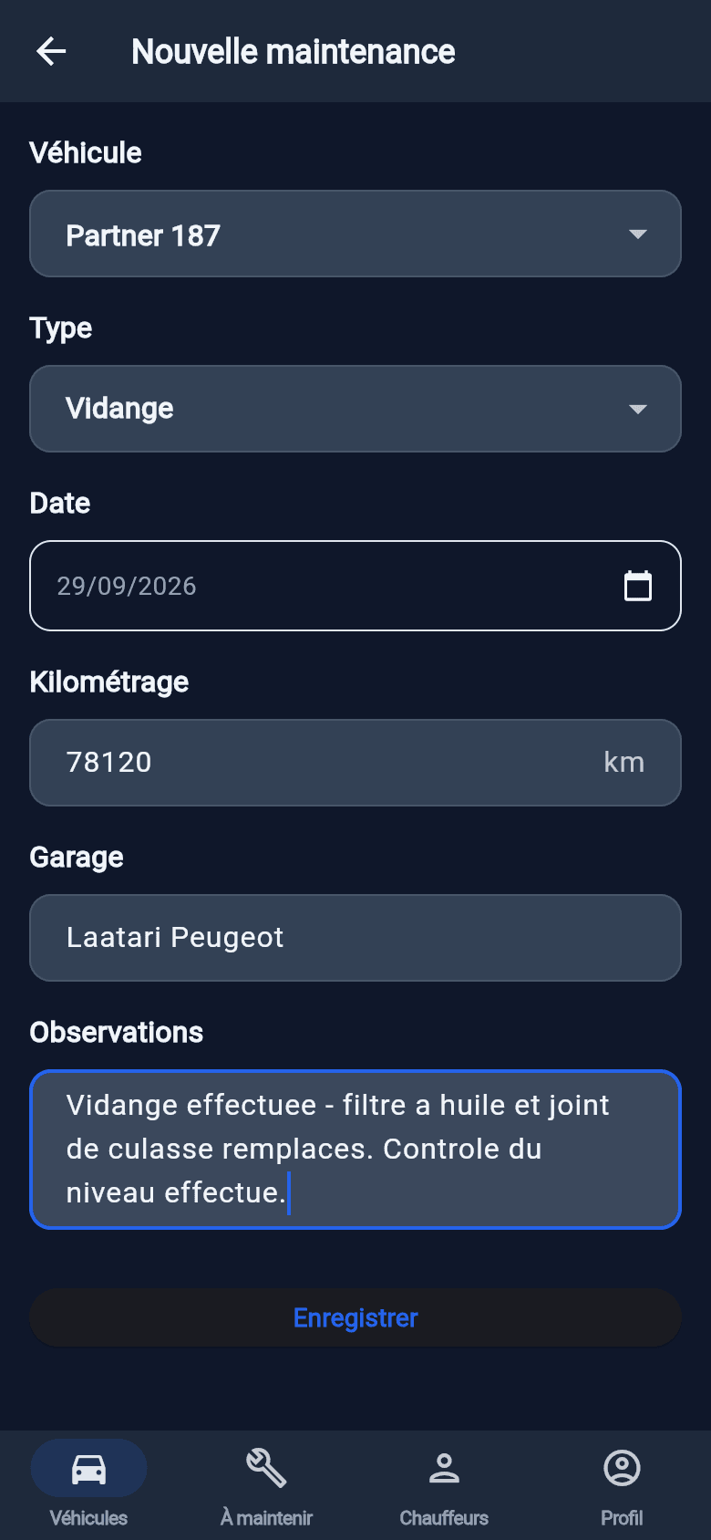 Oil change form filled