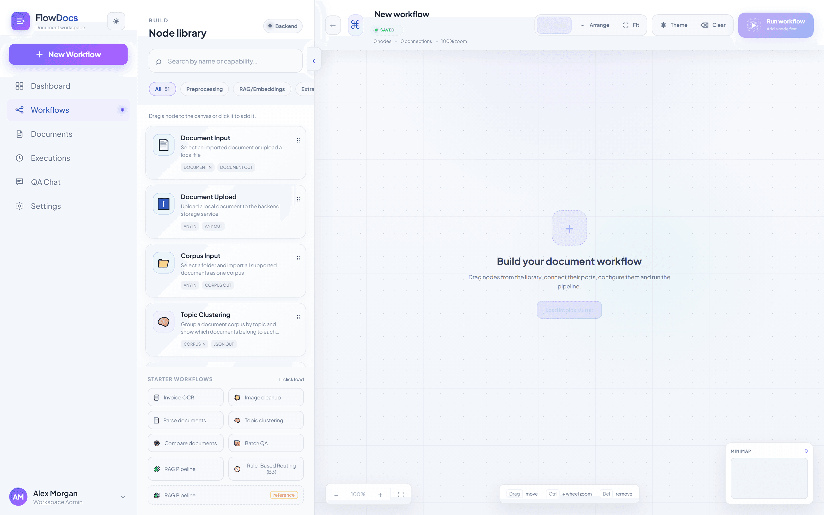 Visual DAG workflow canvas